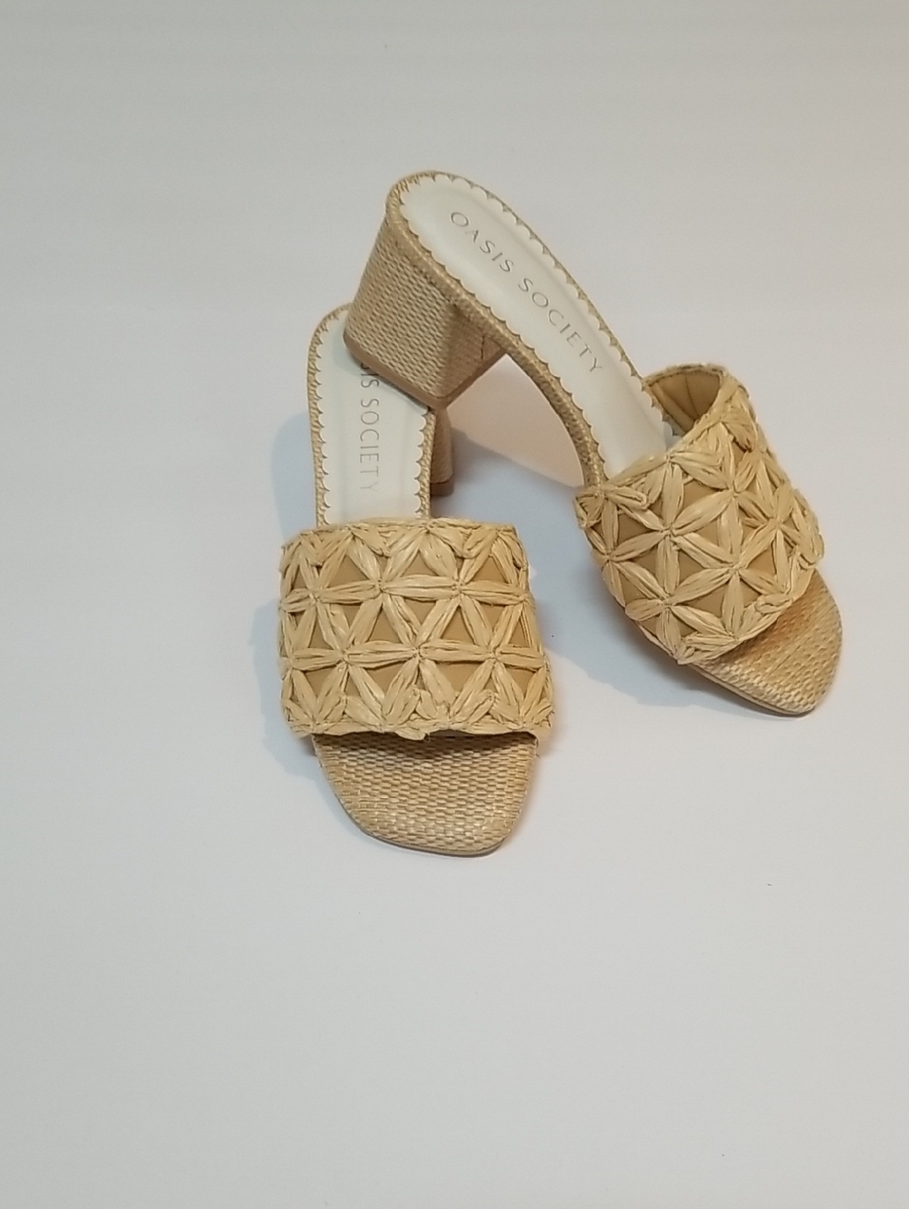 Oasis Society Tan Raffia Woven Block Heel Sandals